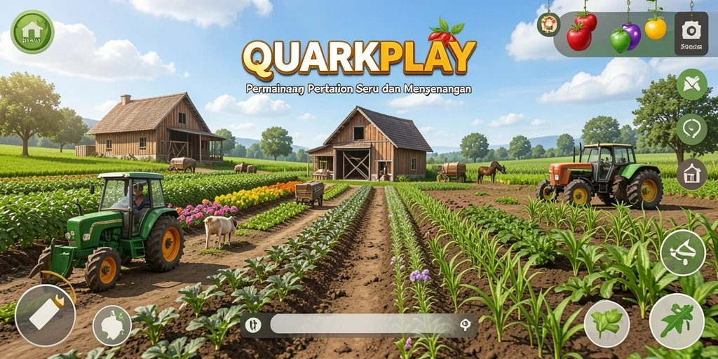 Tampilan gameplay menarik dalam QUARKPLAY dengan berbagai aktivitas pertanian.